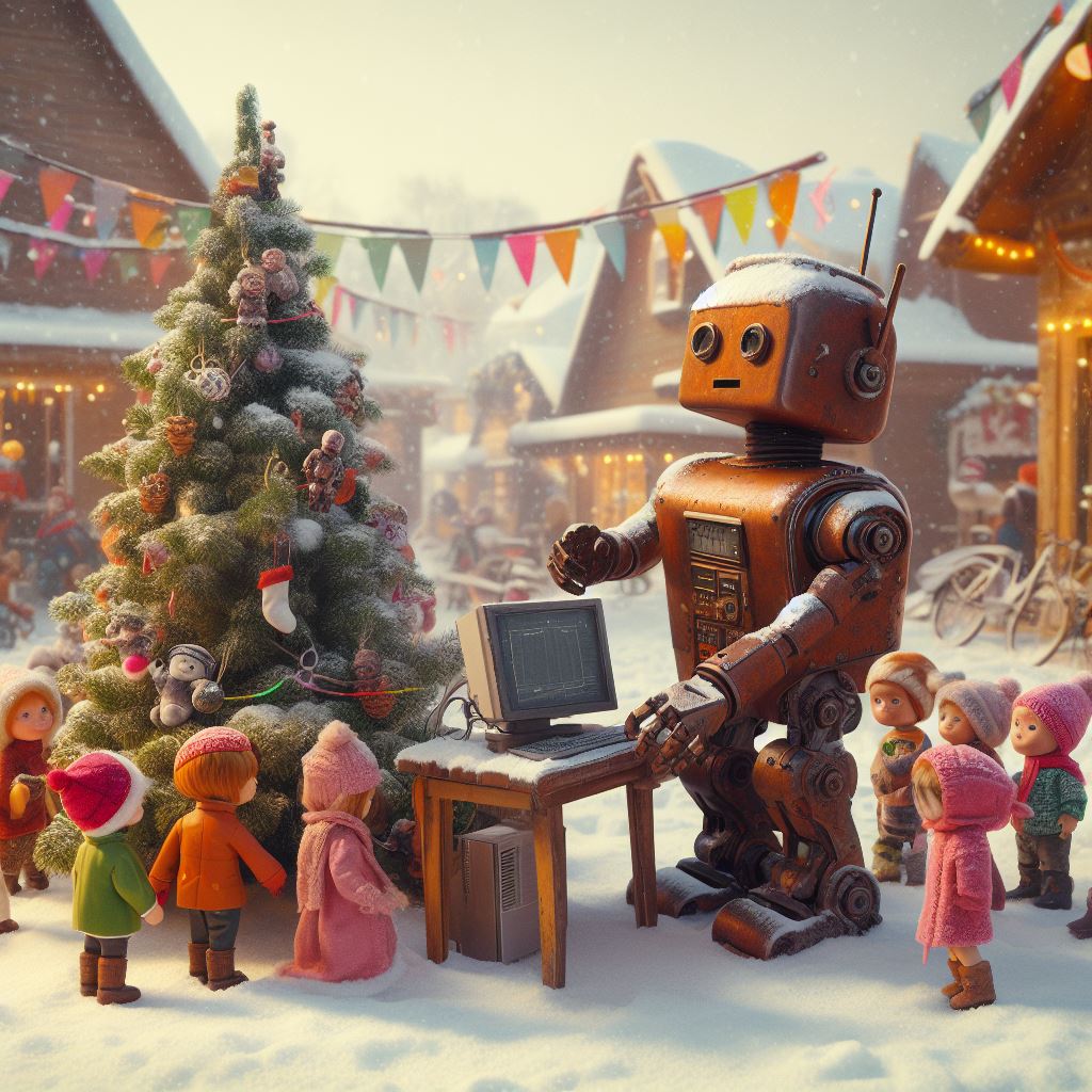 An AI-generated image showing a rusty robot and a computer standing by a Christmas tree in a snowy village square surrounded by children.