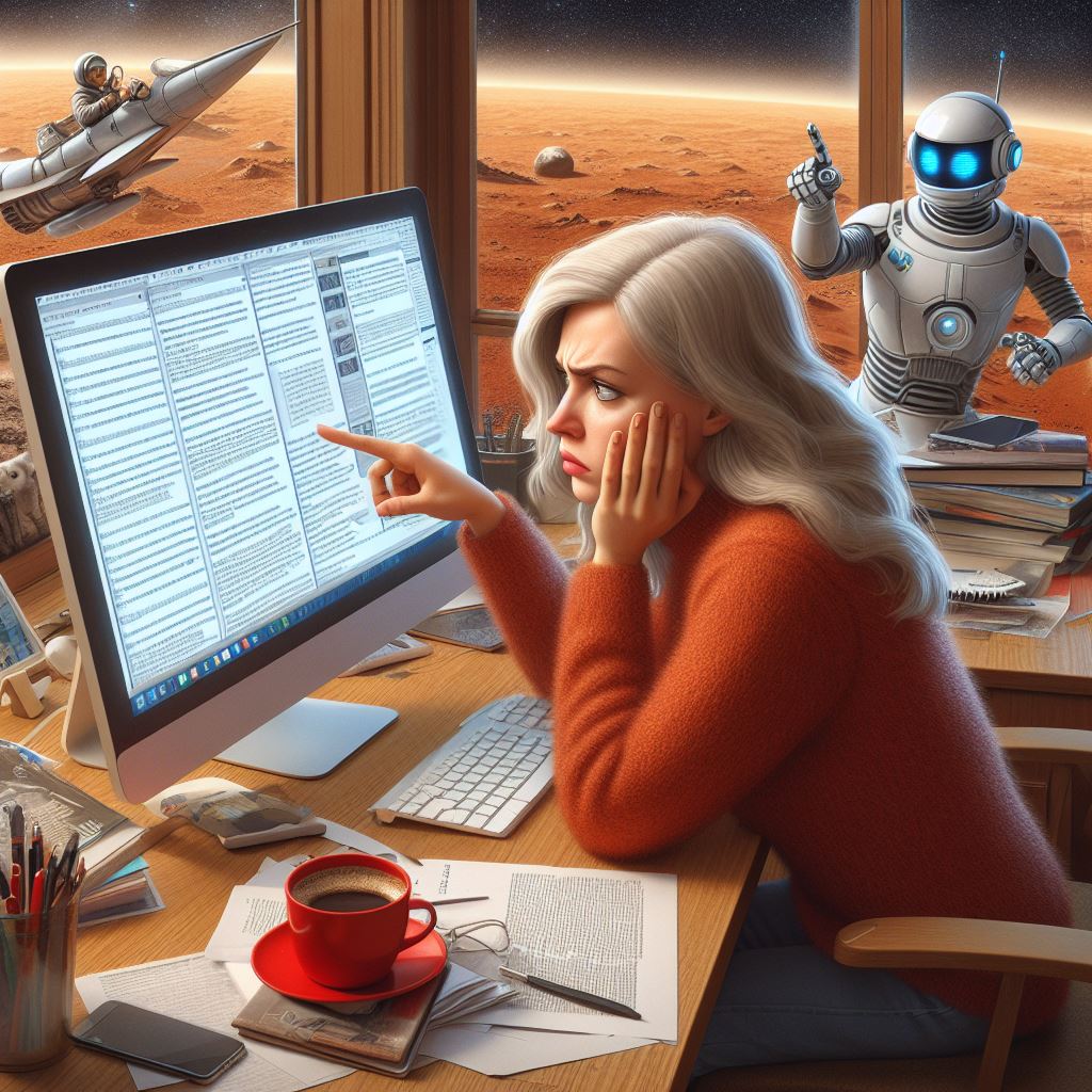 An AI generated image of a woman writing an article. A robot is pointing at her screen and the view out of the window is of Mars.