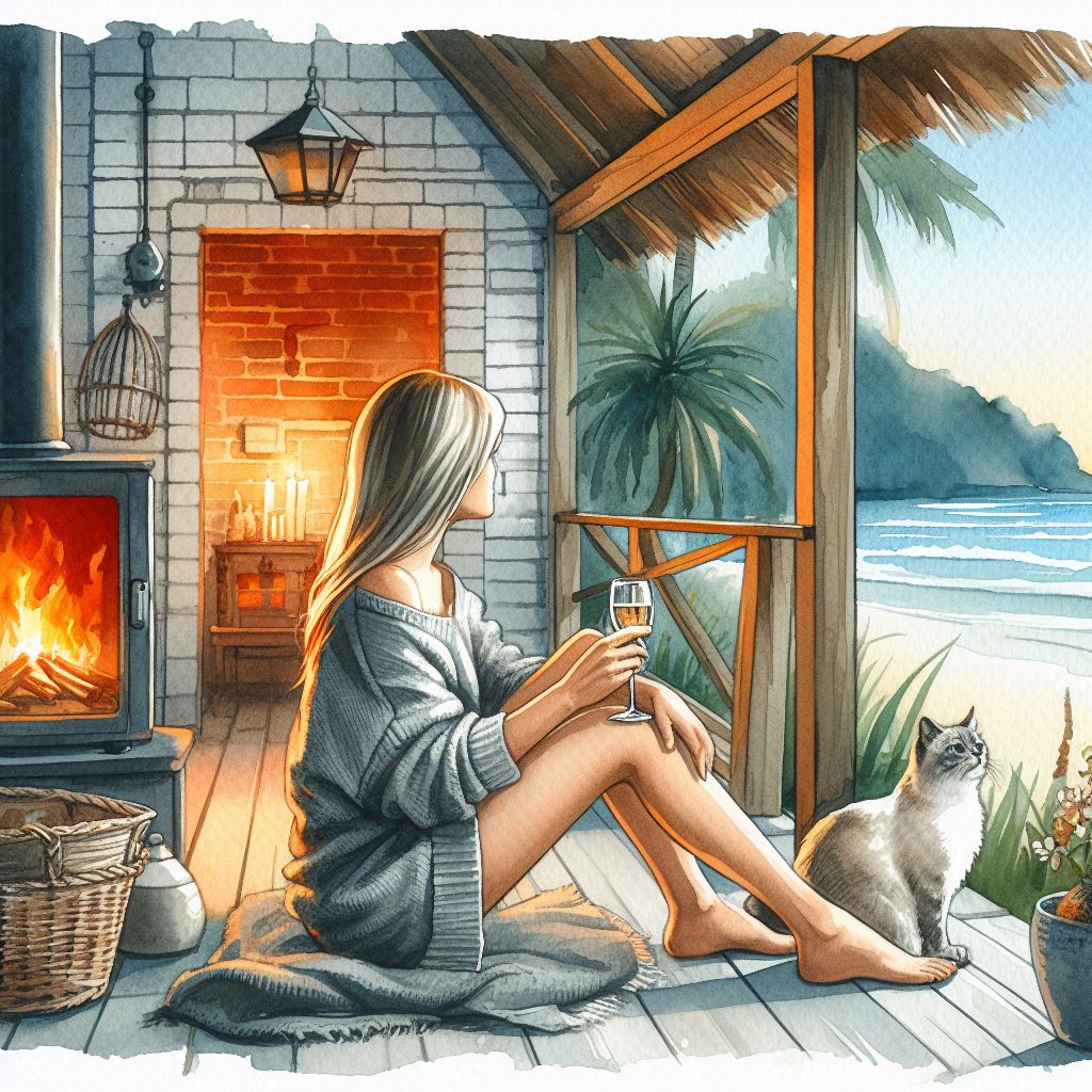An AI generated image of a girl sitting on the porch of a beach cottage. There is a fire in the background and she is drinking a glass of prosecco. A cat is sitting by her feet.