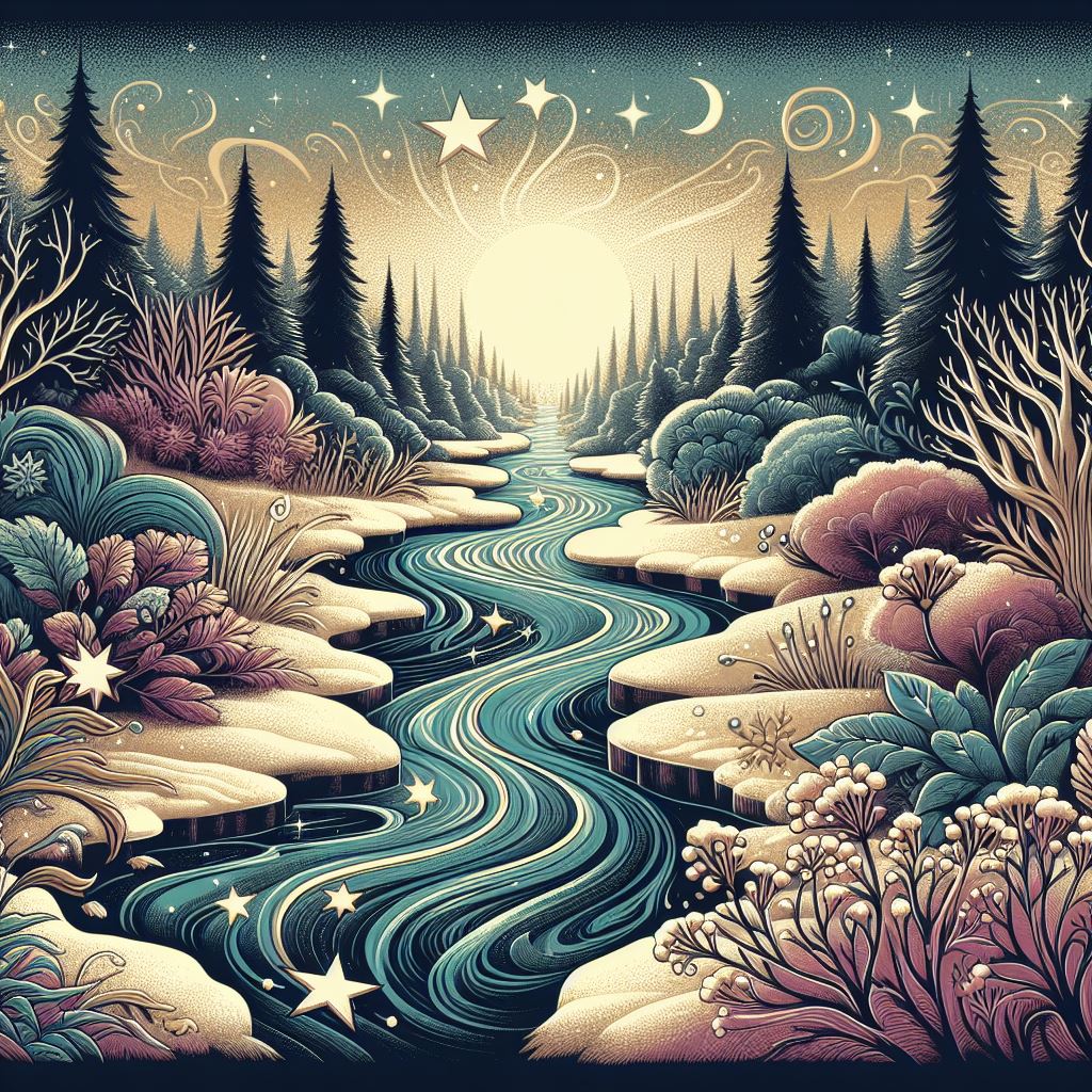 AI generated image of a stream running through a forest. There are stars in the sky and frost on the ground. Style of Dali.