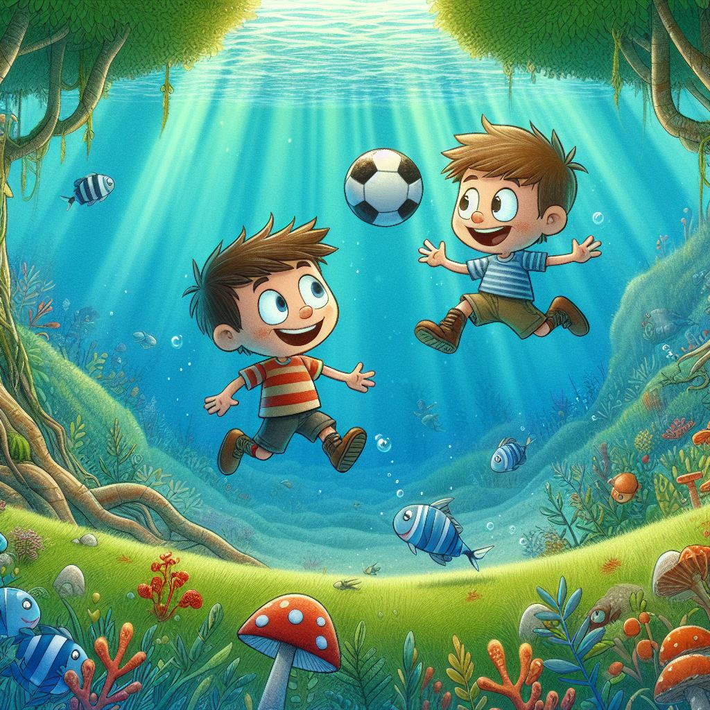 An AI generated image of two boys playing football in a forest under the ocean (cartoon.