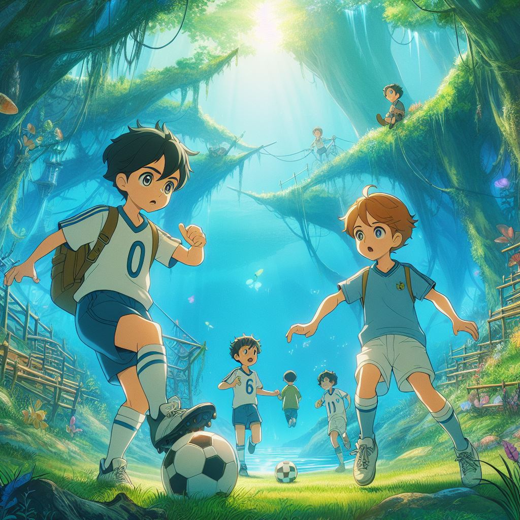An AI generated image of two boys playing football in a forest under the ocean (anime).