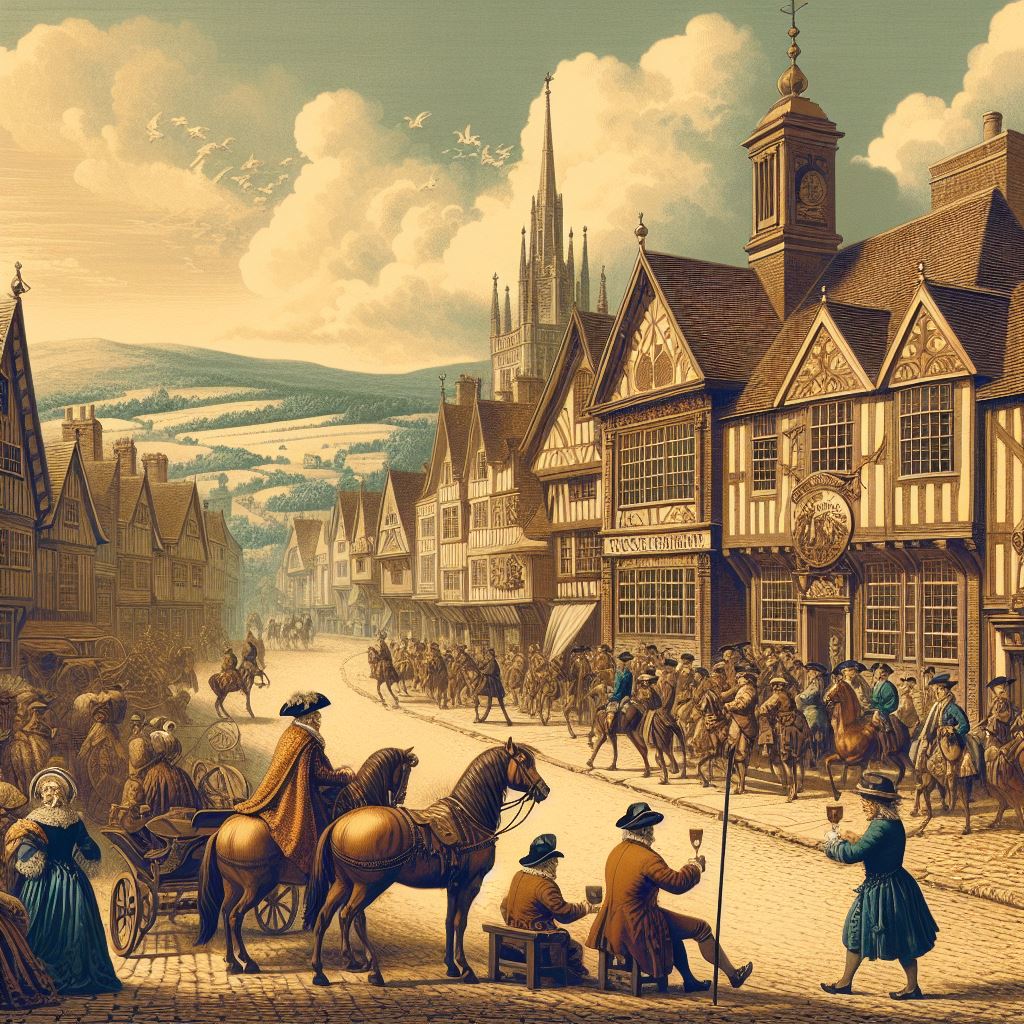 An AI generated image of Winchester in the year 1700. Style of Hogarth.