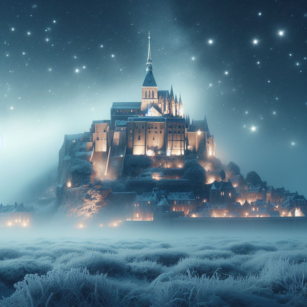 An AI generated image of Mont St Michel in the snow on a starry night