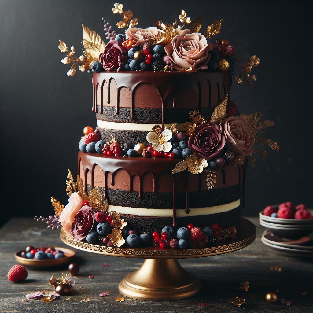 An AI-generated image of a chocolate cake. The cake is decorated with a chocolate ganache and a variety for flowers.