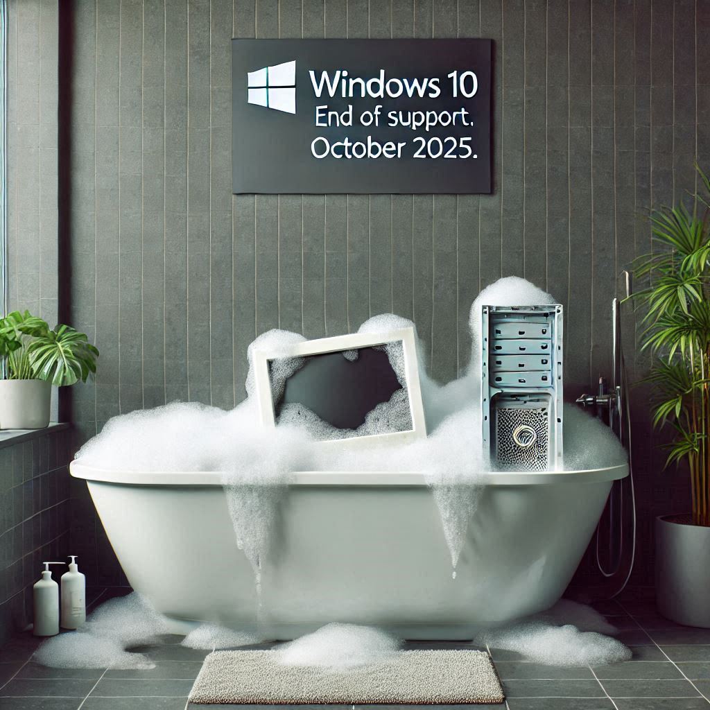 An AI-generated image of a computer monitor and tower a bathtub filled with soap bubbles. Above the bathtub, a sign reads 'Windows 10 End of support. October 2025.' The bathroom has dark tiled walls, a potted plant on the left, and another plant on the right. There are two bottles of soap on the floor next to the bathtub and a beige bath mat in front of the tub.